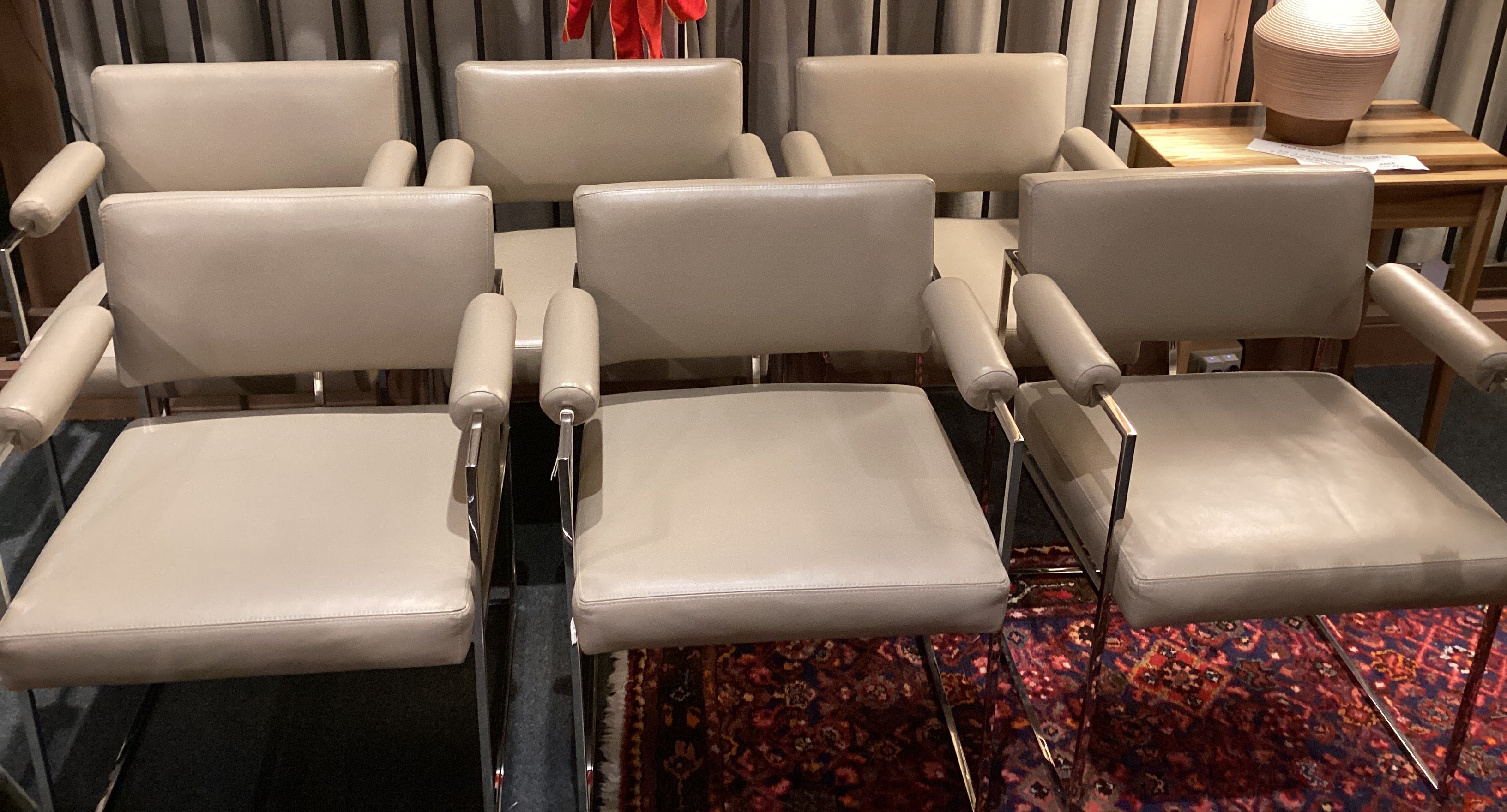 Set 6 Ivory Leather & Chrome Dining Chairs