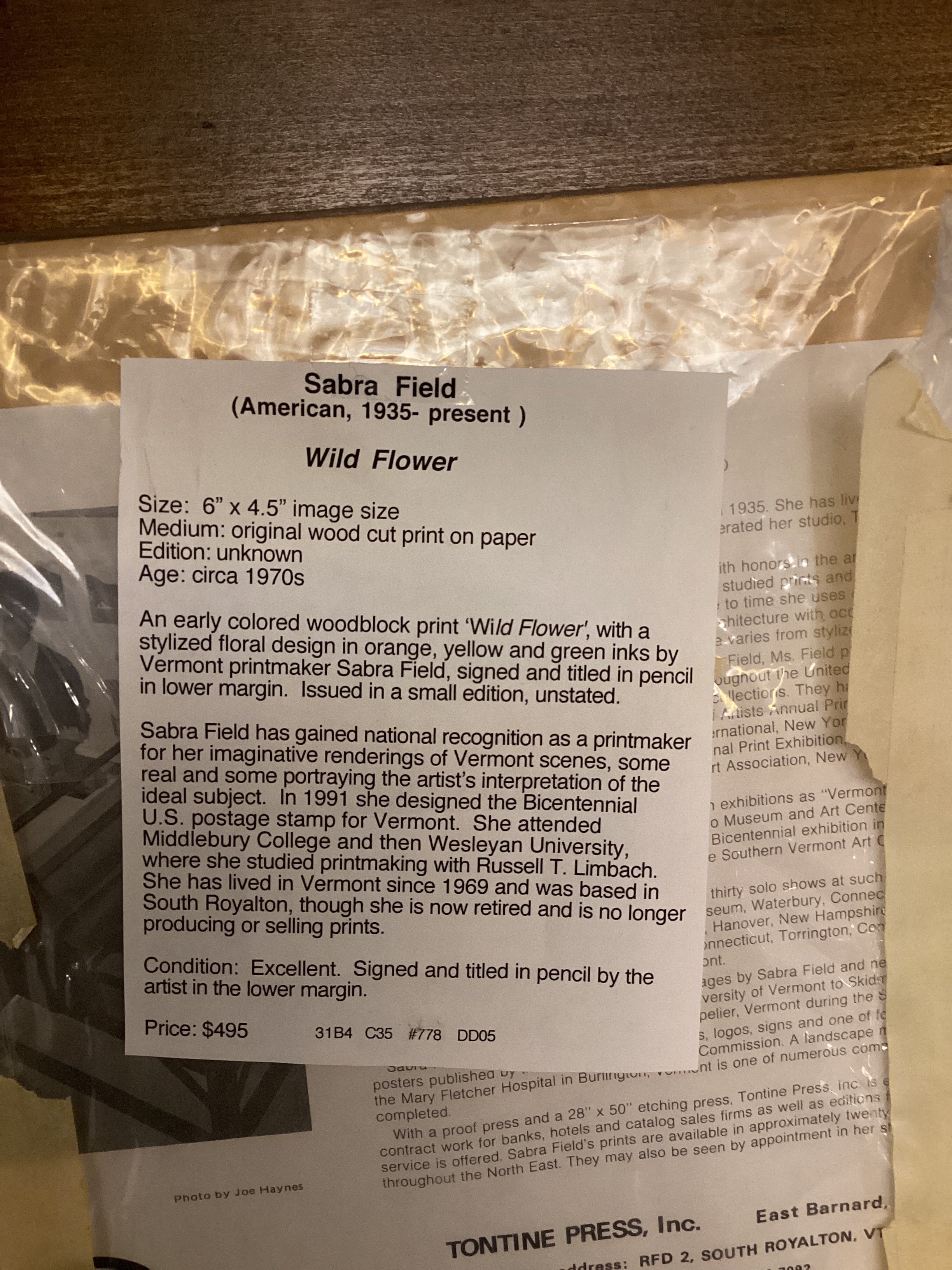 "Wild Flower," Sabra Field, wood cut print - 31B4.35.778