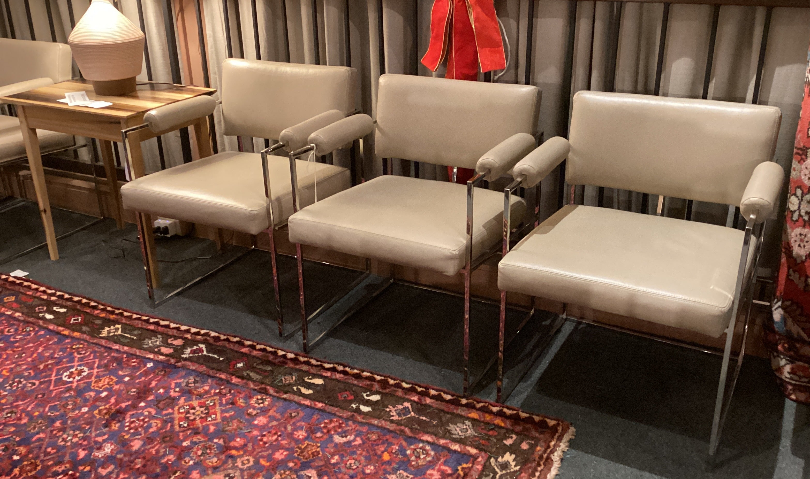 Set 6 Ivory Leather & Chrome Dining Chairs