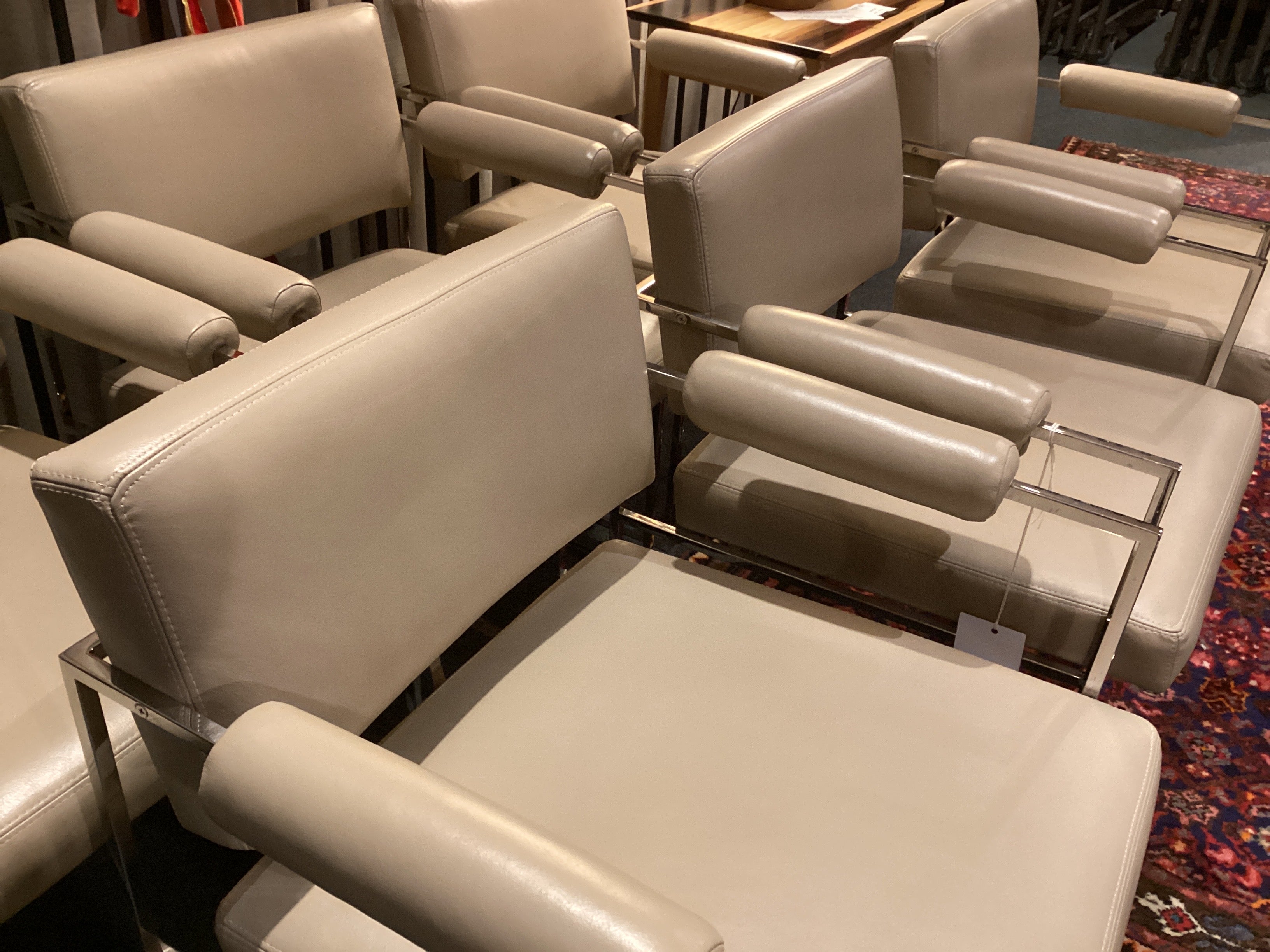 Set 6 Ivory Leather & Chrome Dining Chairs