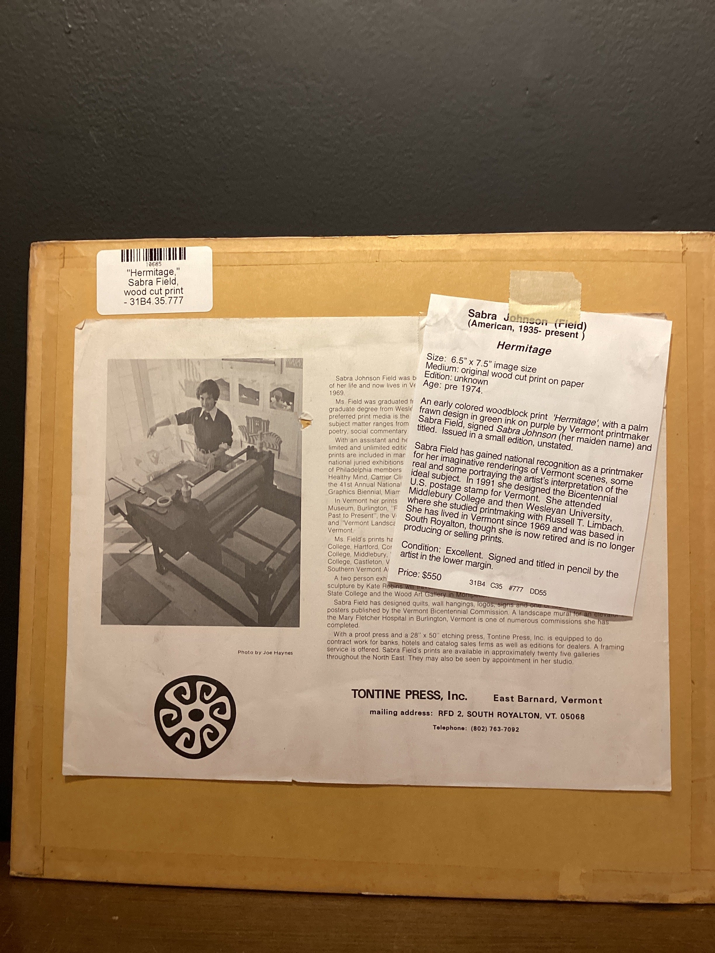 "Hermitage," Sabra Field, wood cut print - 31B4.35.777