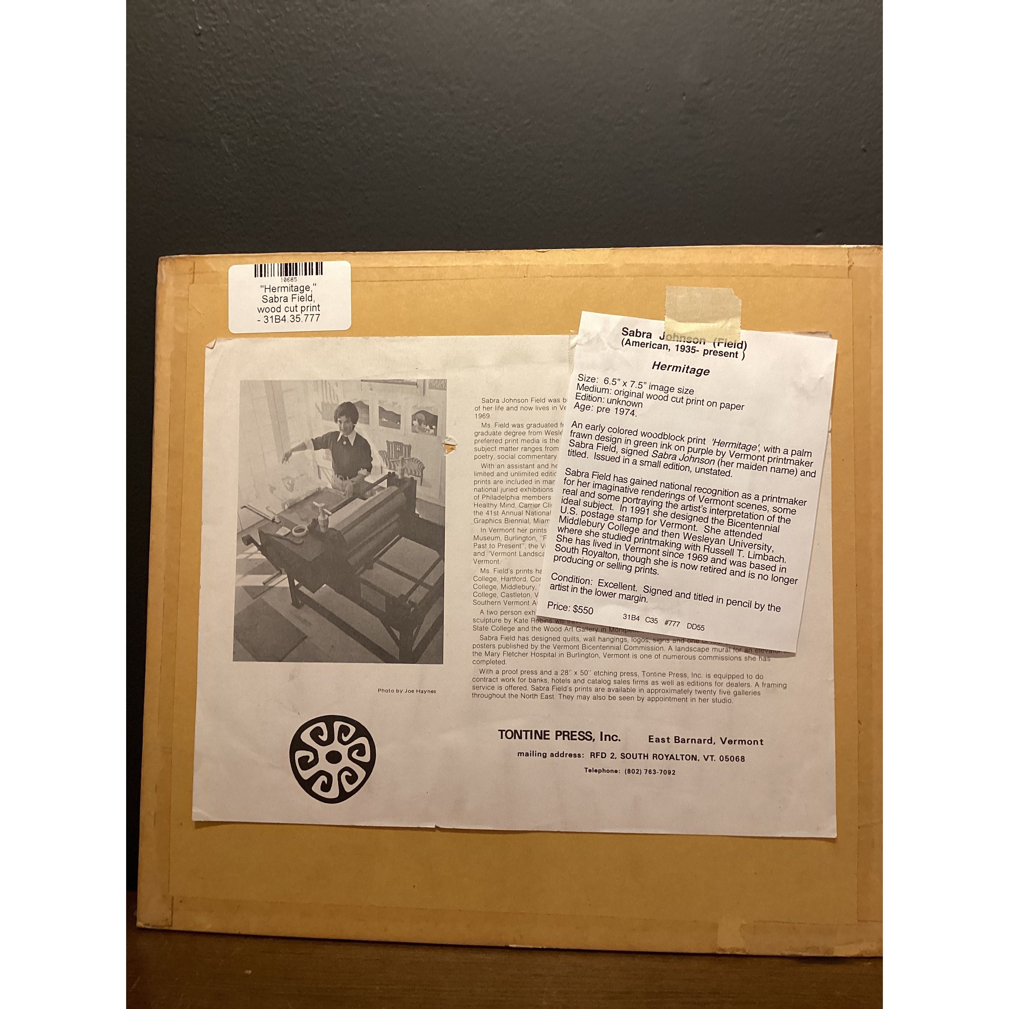 "Hermitage," Sabra Field, wood cut print - 31B4.35.777