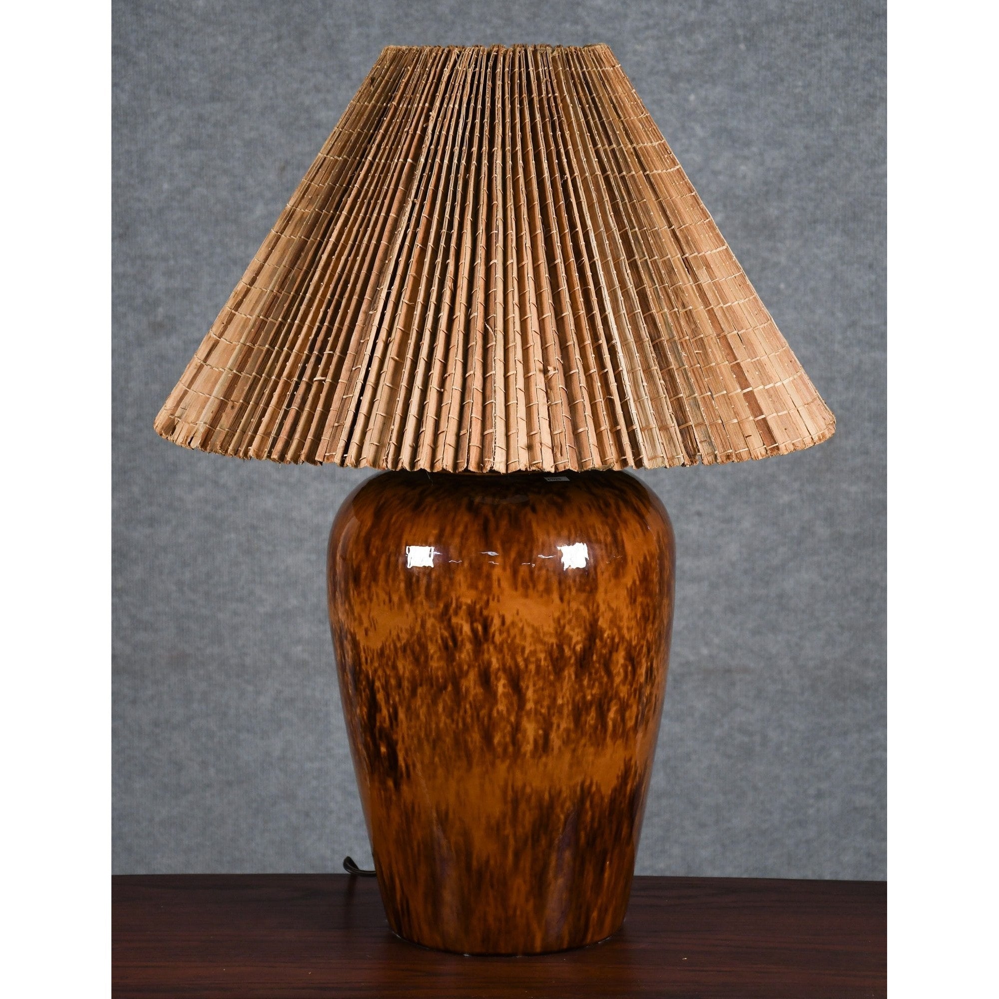 Large Brown Glazed Lamp with Teak Shade