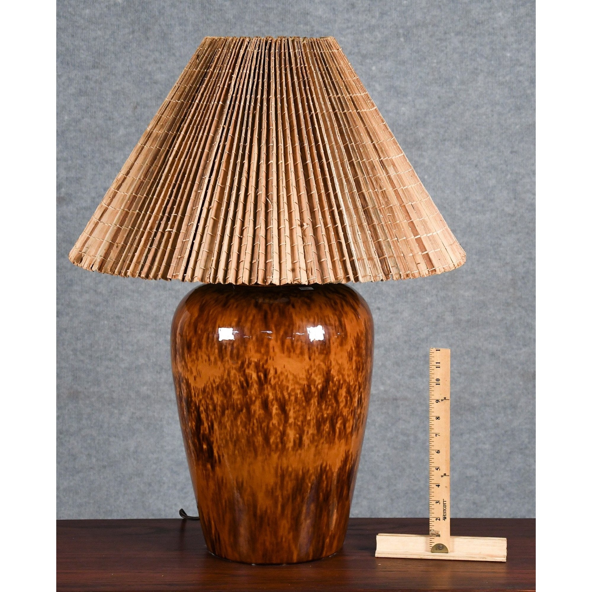 Large Brown Glazed Lamp with Teak Shade