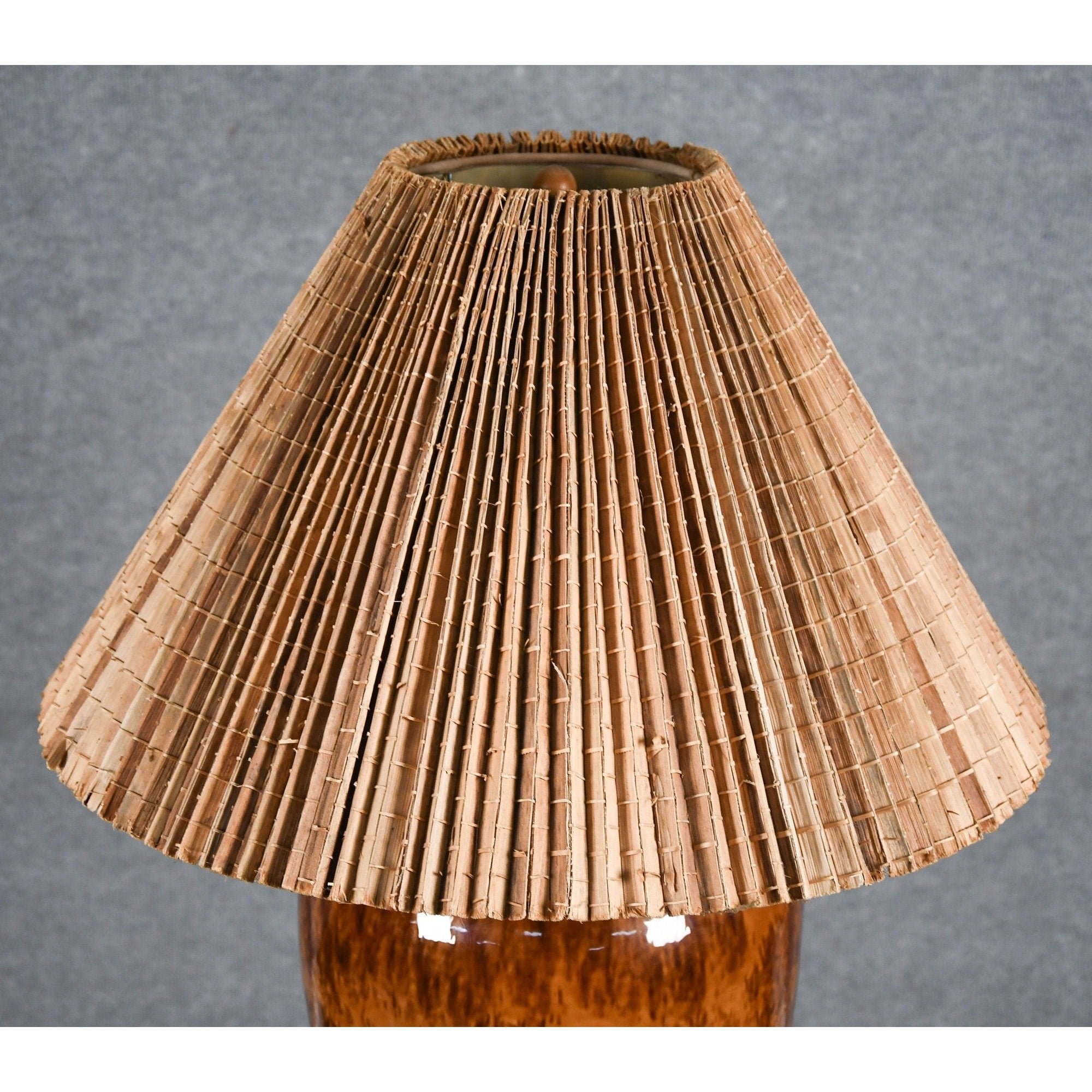 Large Brown Glazed Lamp with Teak Shade