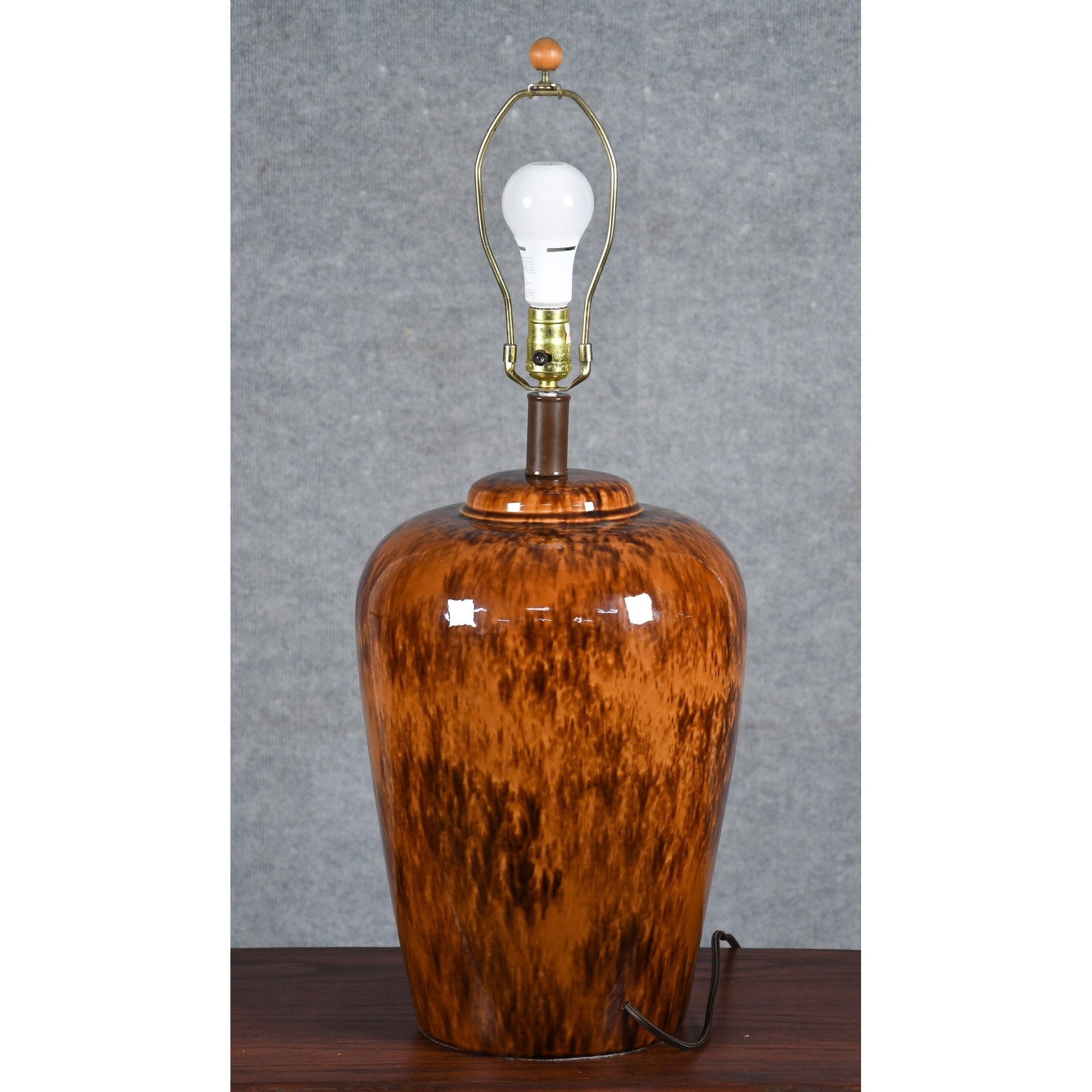 Large Brown Glazed Lamp with Teak Shade
