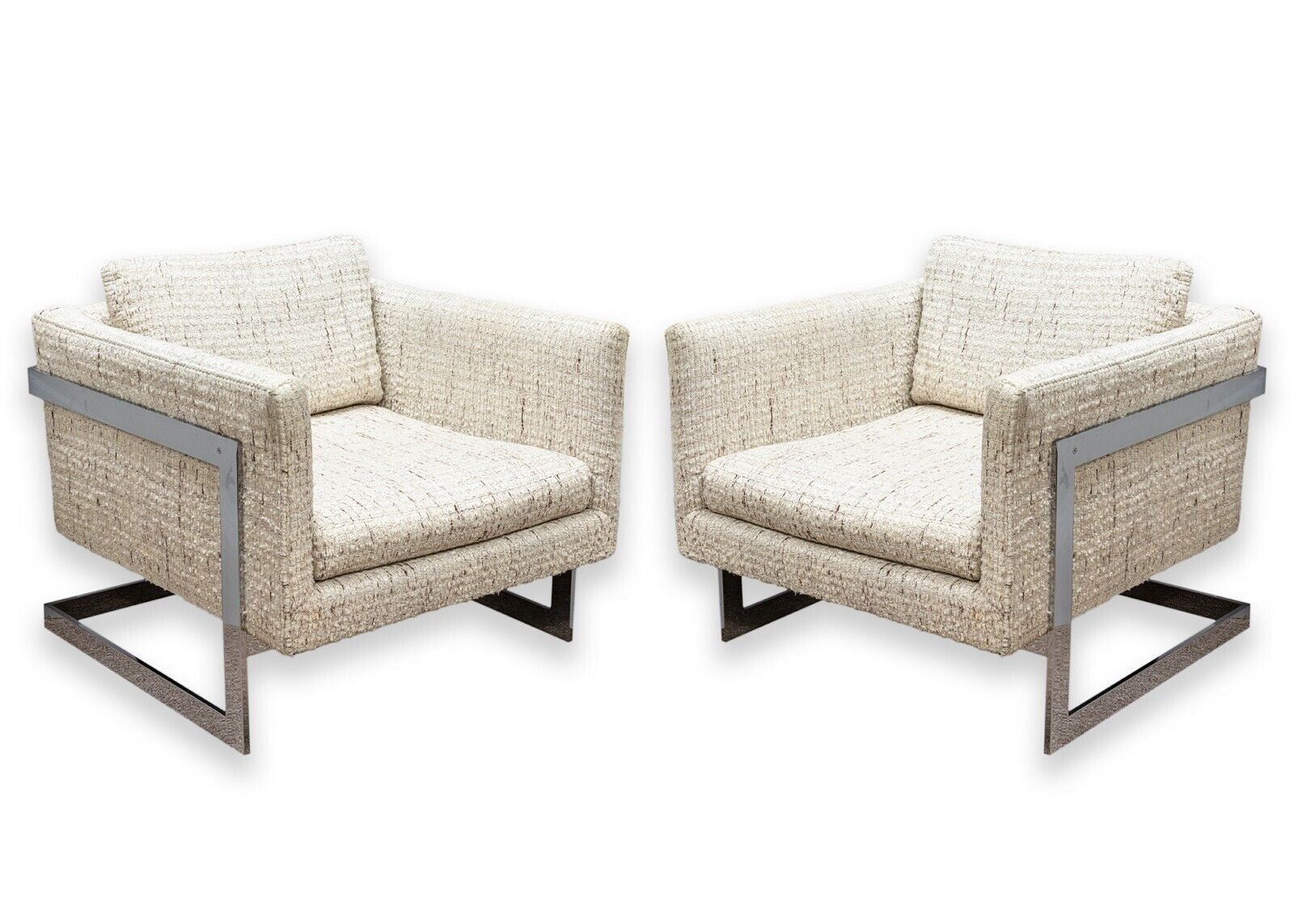 Cantilever Floating Chrome Cube Club Lounge Accent Chairs Pair (2)